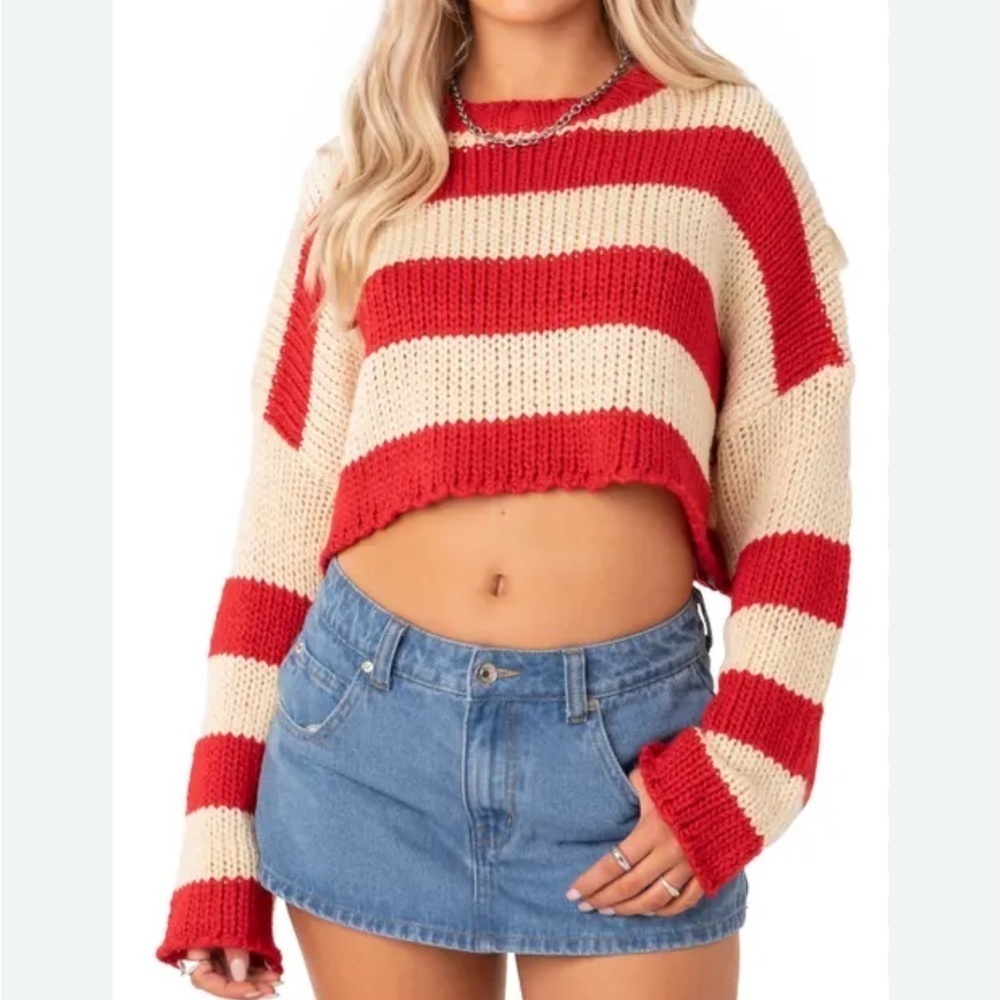 Edikted Ozzy Striped Cropped Knit Sweater Red Cream XS/S
